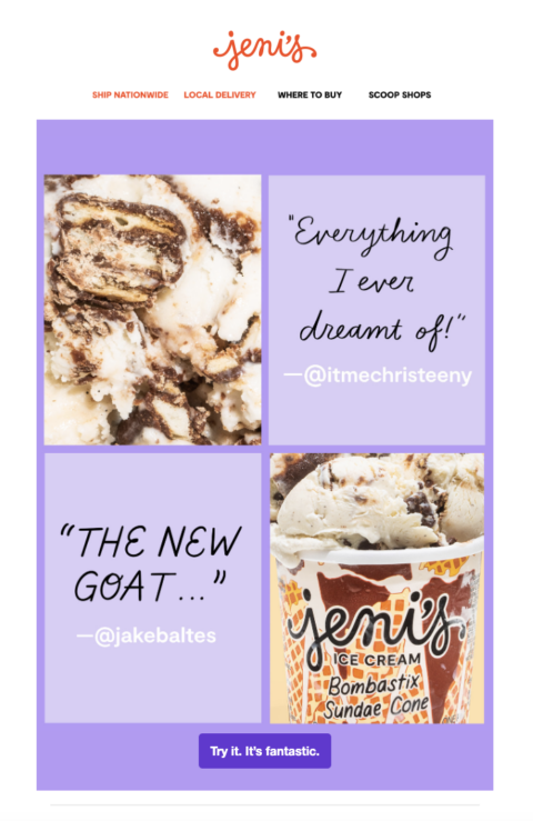 Jeni's ice cream email showcasing customer reviews