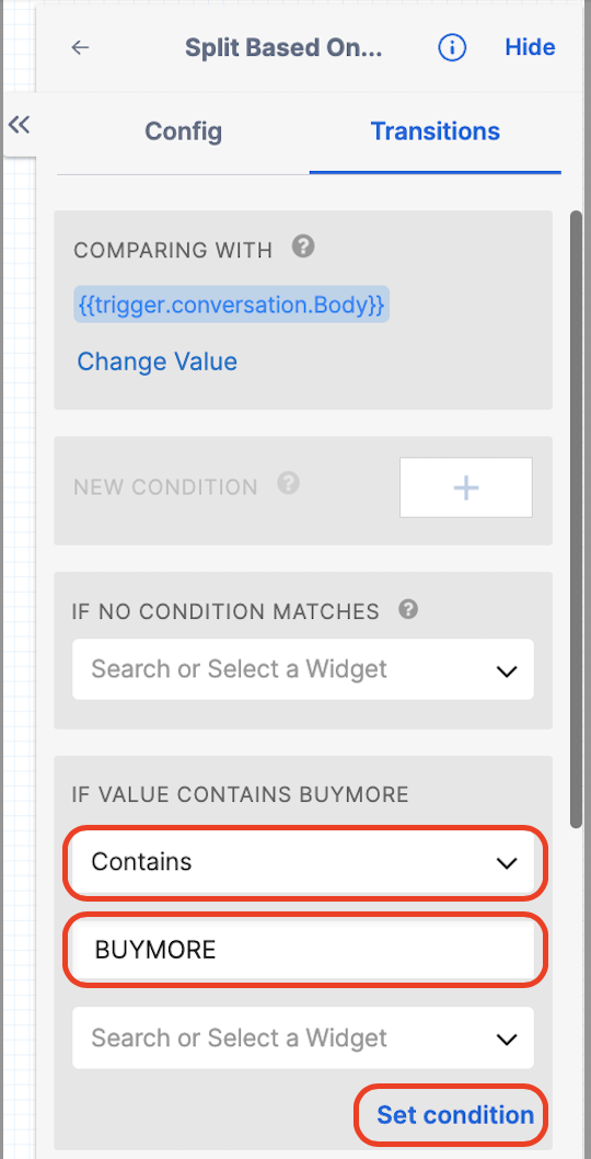 Set condition and using 'Contains' in a Studio widget